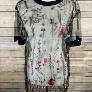 Floral Embroidered Sheer Black Top